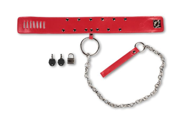 Ошейник красный с кольцом и цепочкой поводком